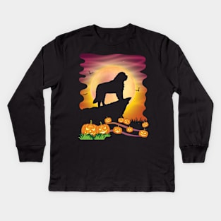 Saint Bernard Dog On Mountain & Moon Pumpkins Bat Halloween Kids Long Sleeve T-Shirt